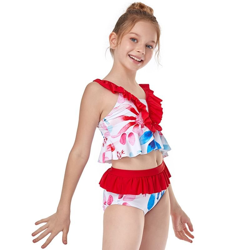 Children Fashion Girl'S Ruffle Floral Print Swimsuit Two-Piece Set