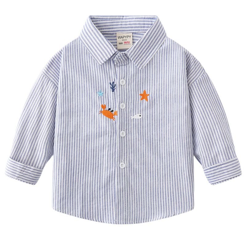 Kids Toddler Boys Fashion Casual Stripe Cartoon Embroidery Long Sleeve Lapel Shirt